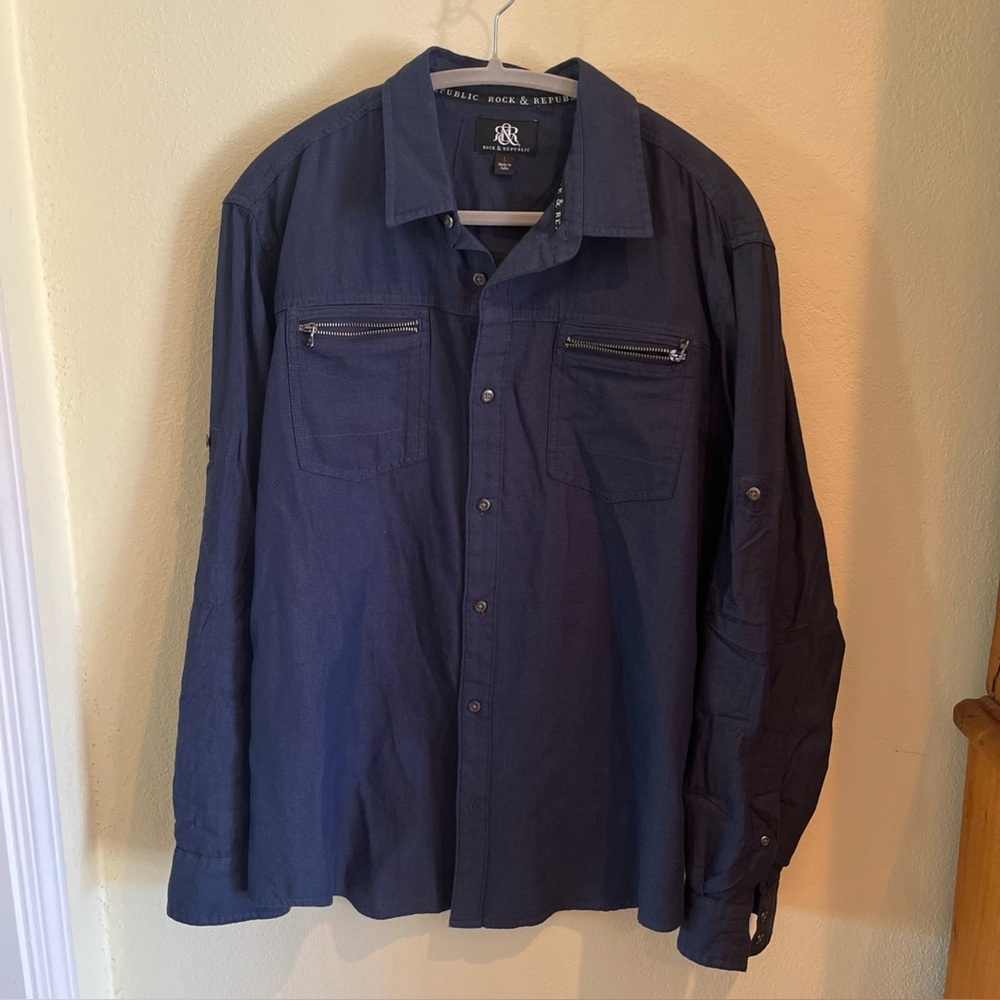 Rock & Republic Men's Long Sleeve Navy Woven 100% Cotton Large Zipper Pockets